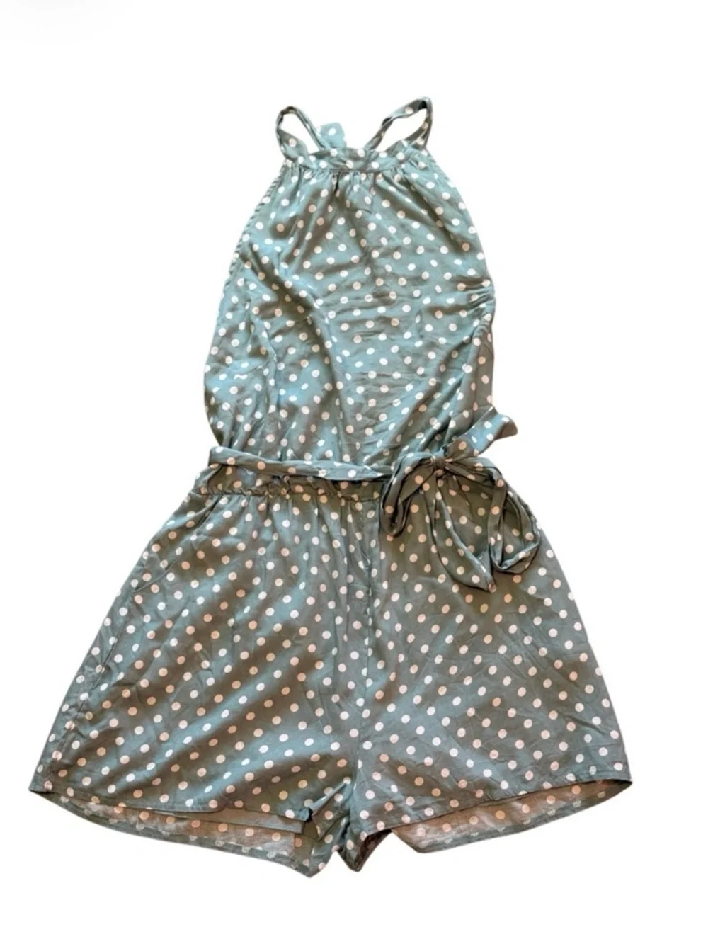 PrettyGarden Sage Green Polka Dot Halter Tie Waist Romper XL - Picture 2 of 3